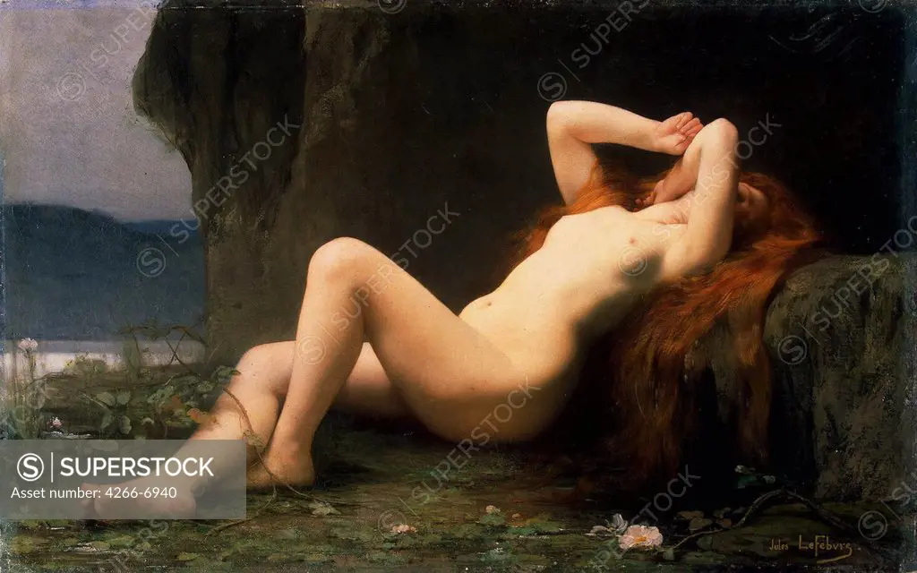 Illustration with naked Mary Magdalene by Jules Joseph Lefebvre, Oil on canvas, 1876, 1836-1911, Russia, St. Petersburg, State Hermitage, 71,5x113,5