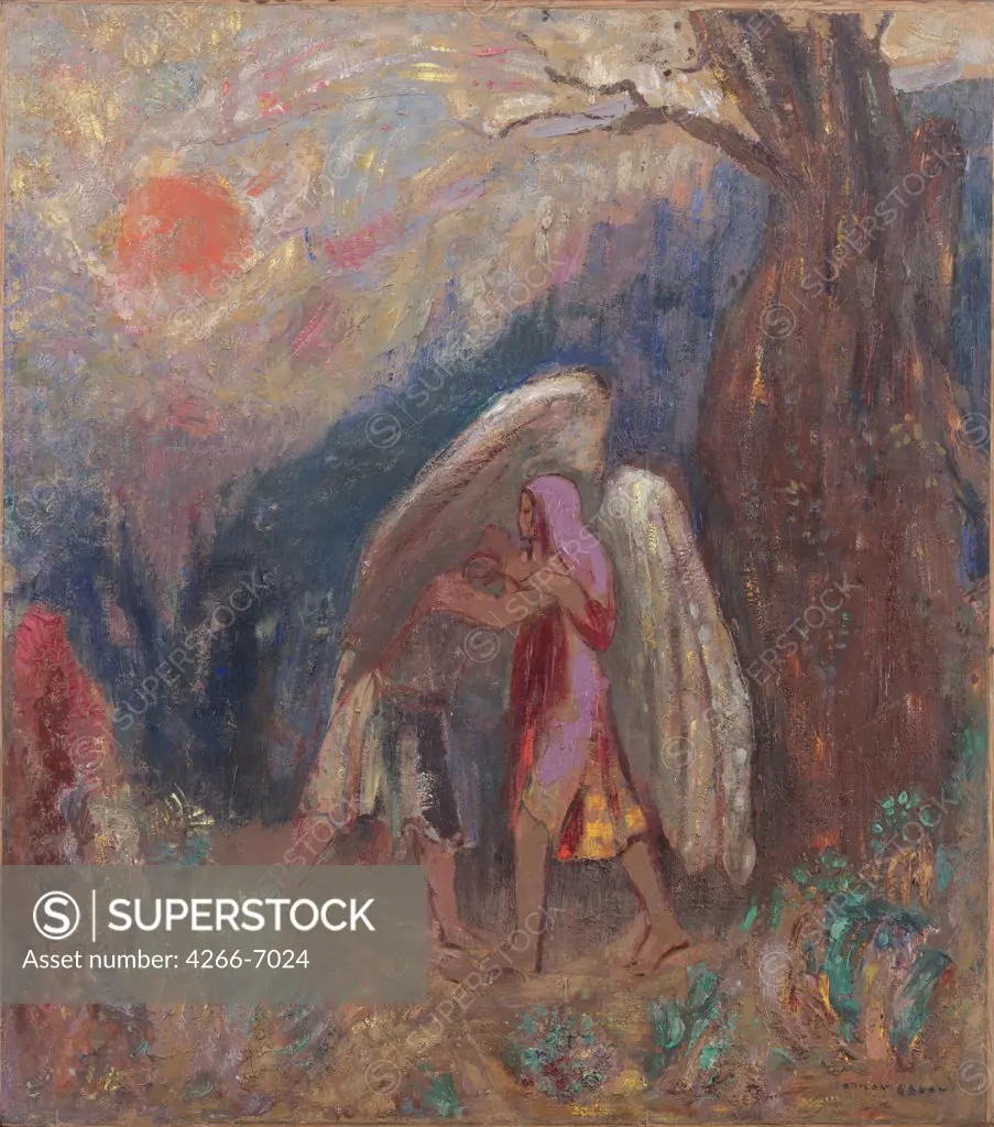Scene from Old Testament with angel and Jacob by Odilon Redon, Oil on canvas, circa 1907, 1840-1916, USA, New York, Museum of Modern Art, 47x41,6