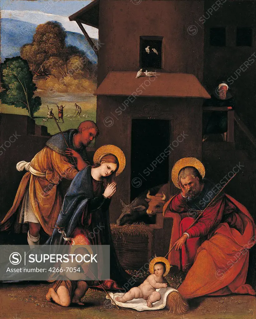 Nativity scene by Ludovico Mazzolino, Oil on canvas, circa 1525, 1480-1528, Private Collection, 40,6x33