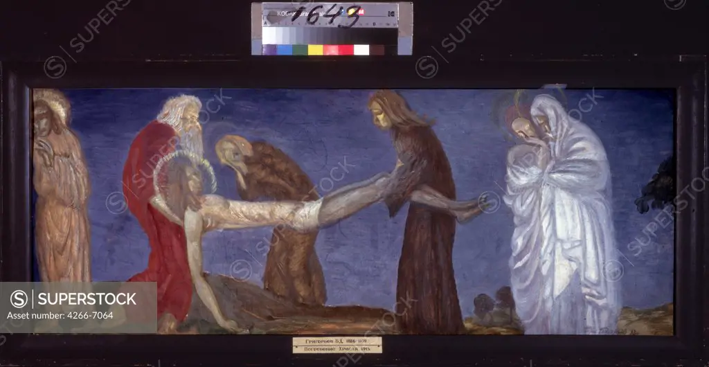 Dead body of Jesus Christ by Boris Dmitryevich Grigoriev, Tempera on cardboard, 1913, 1886-1939, Russia, Samara, State Art Museum, 37x87