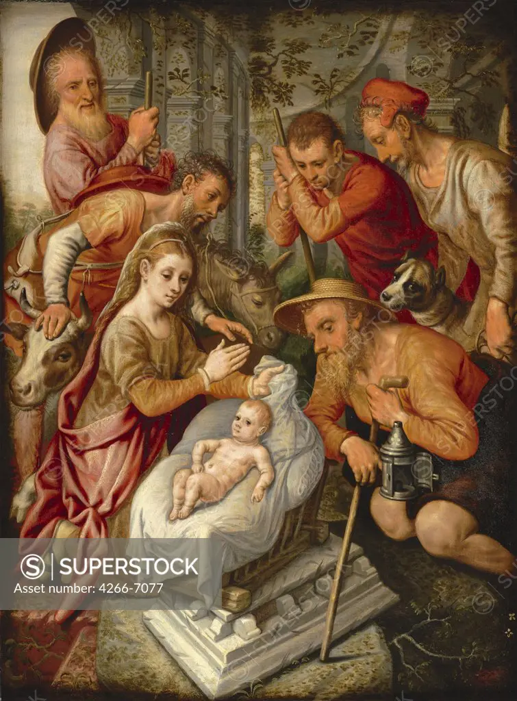 Nativity scene by Pieter Aertsen, Oil on wood, circa 1565, 1508-1575, Private Collection, 70x52