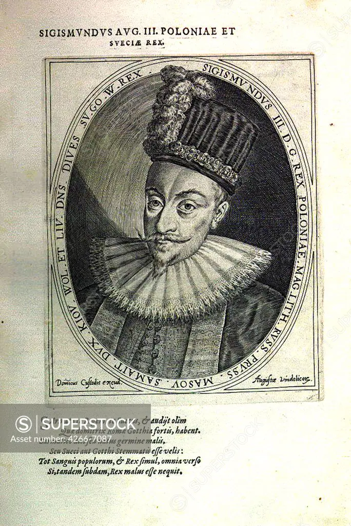 Portrait of king of Poland Sigismund III Vasa by Dominicus Custos, Copper engraving, circa 1600, 1560-1612, Private Collection