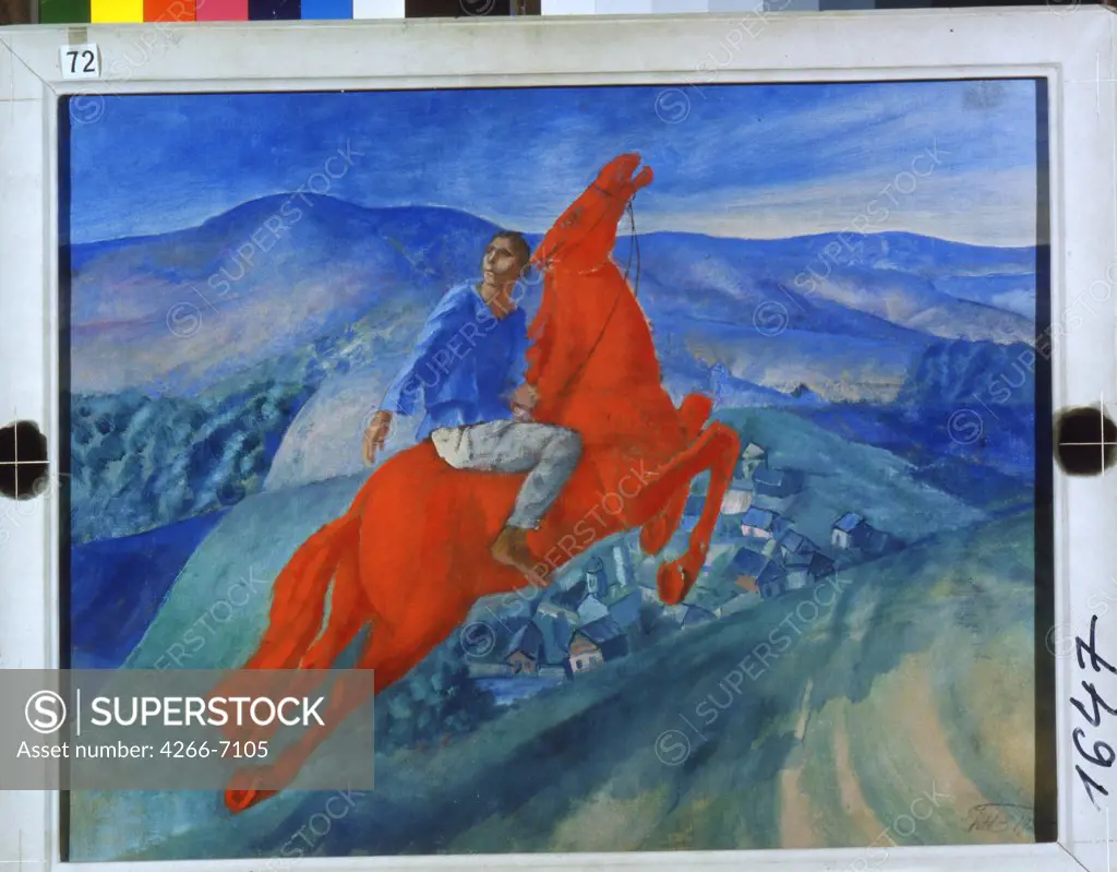Man on red horse by Kuzma Sergeyevich Petrov-Vodkin, Oil on canvas, 1925, 1878-1939, Russia, St. Petersburg, State Russian Museum, 50,5x65