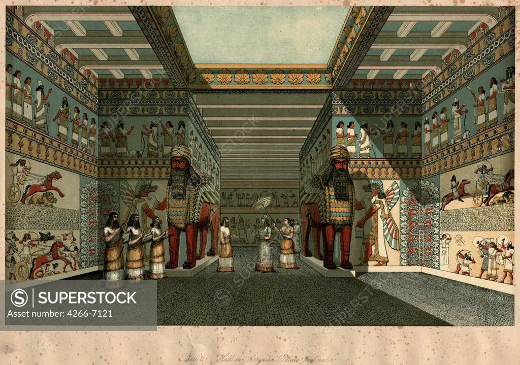 Assyrian queen in decorative interior by Anonymous painter, Color lithograph, 1854, Private Collection