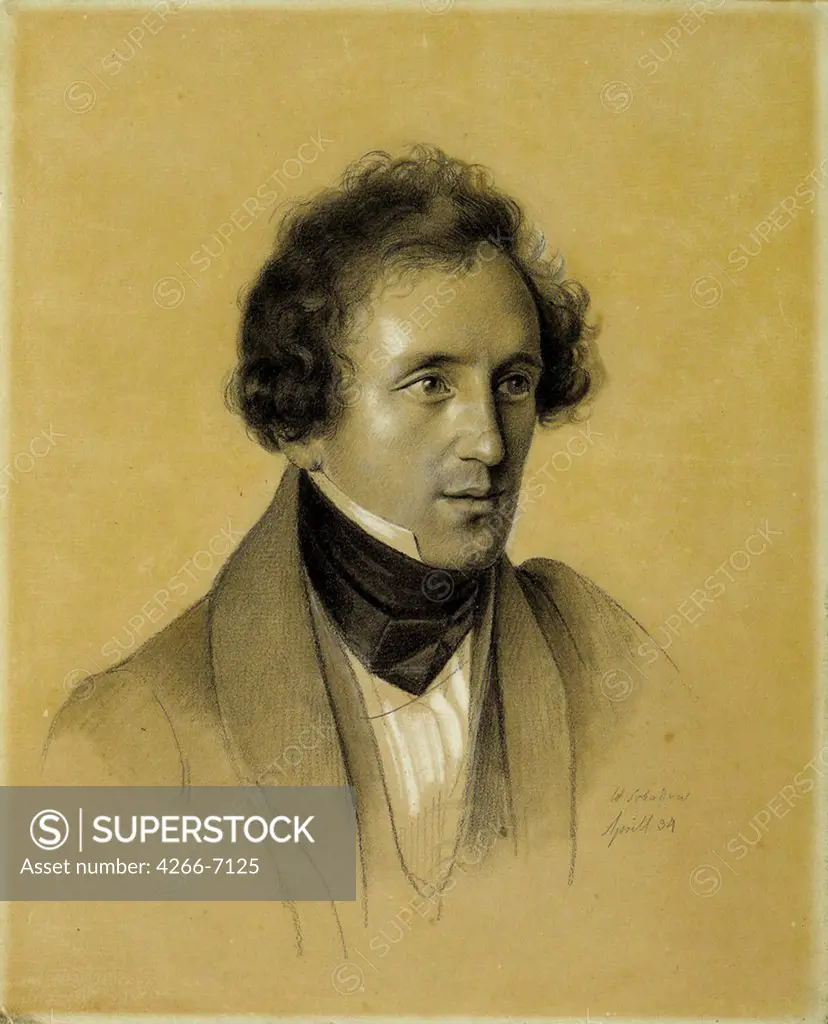 Portrait of composer Felix Mendelssohn by Friedrich Wilhelm von Schadow, Coal, chalk on paper, 1834, 1788-1862, Germany, Berlin, Staatsbibliothek zu Berlin