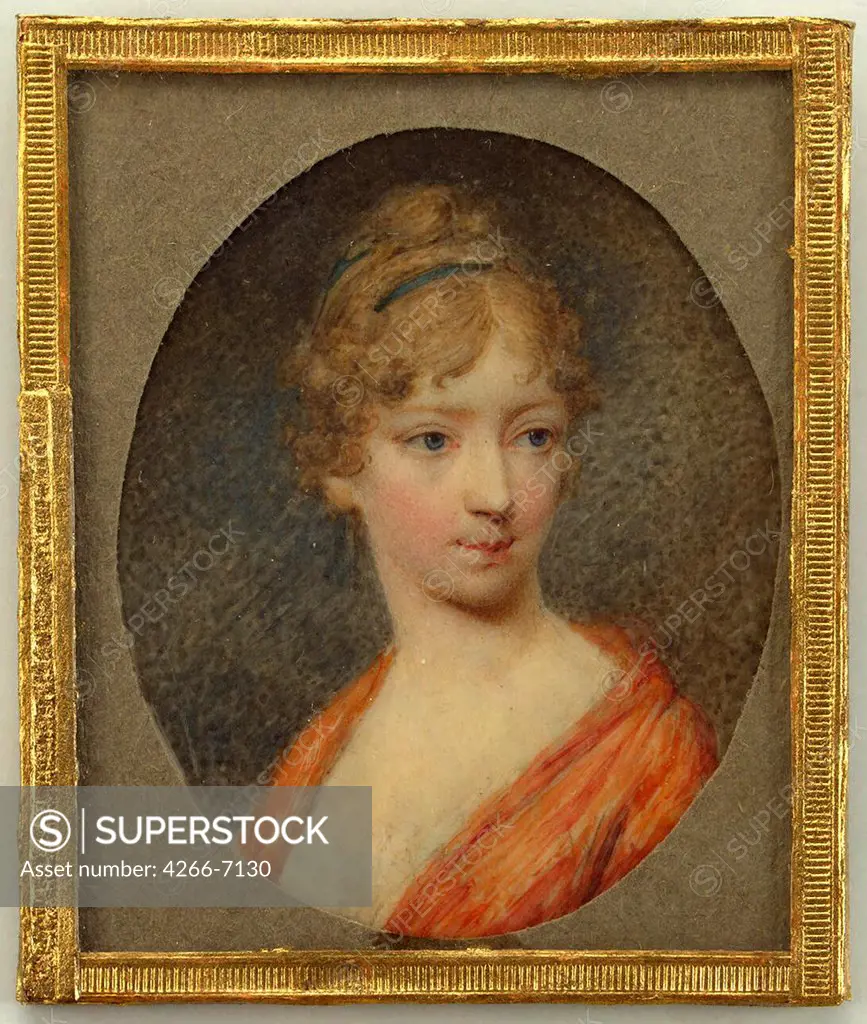 Portrait of tsarina Elizabeth Alexeievna by Anonymous painter, Watercolor, Gouache on horn, circa 1810, Russia, St. Petersburg, State Hermitage, 6,3x5,1