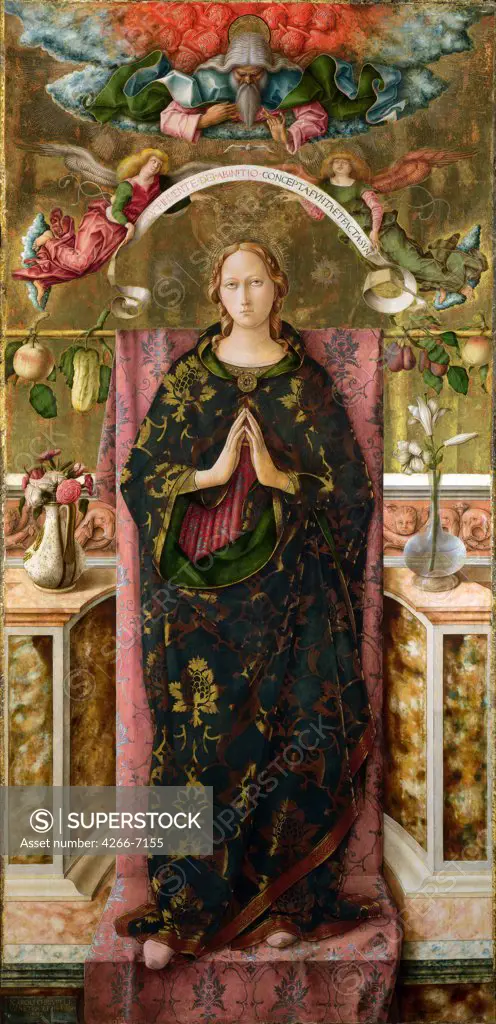 Religious illustration with Virgin Mary by Carlo Crivelli, Tempera on panel, 1492, circa 1435-circa 1495, Great Britain, London, National Gallery, 194,3x93,3