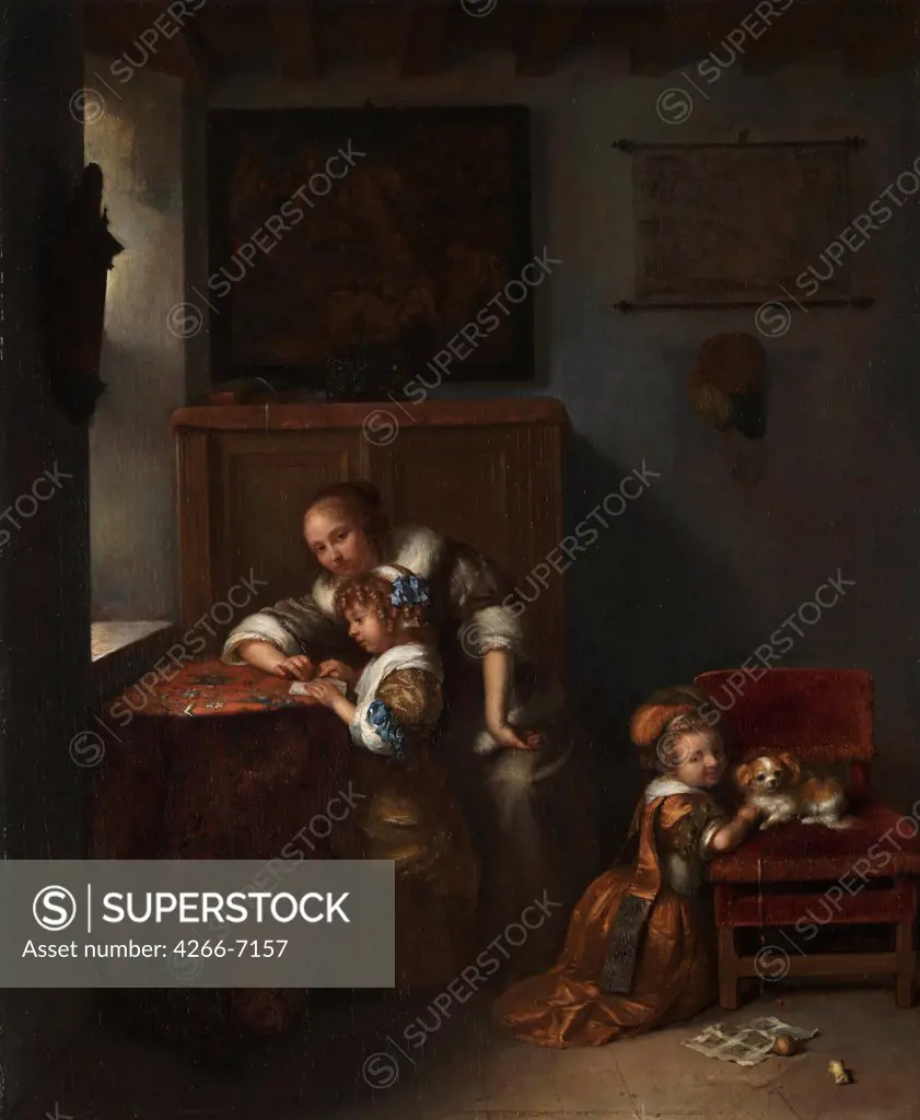 Domestic life by Caspar Netscher, Oil on wood, 1670s, 1639-1684, Great Britain, London, National Gallery, 45,1x37