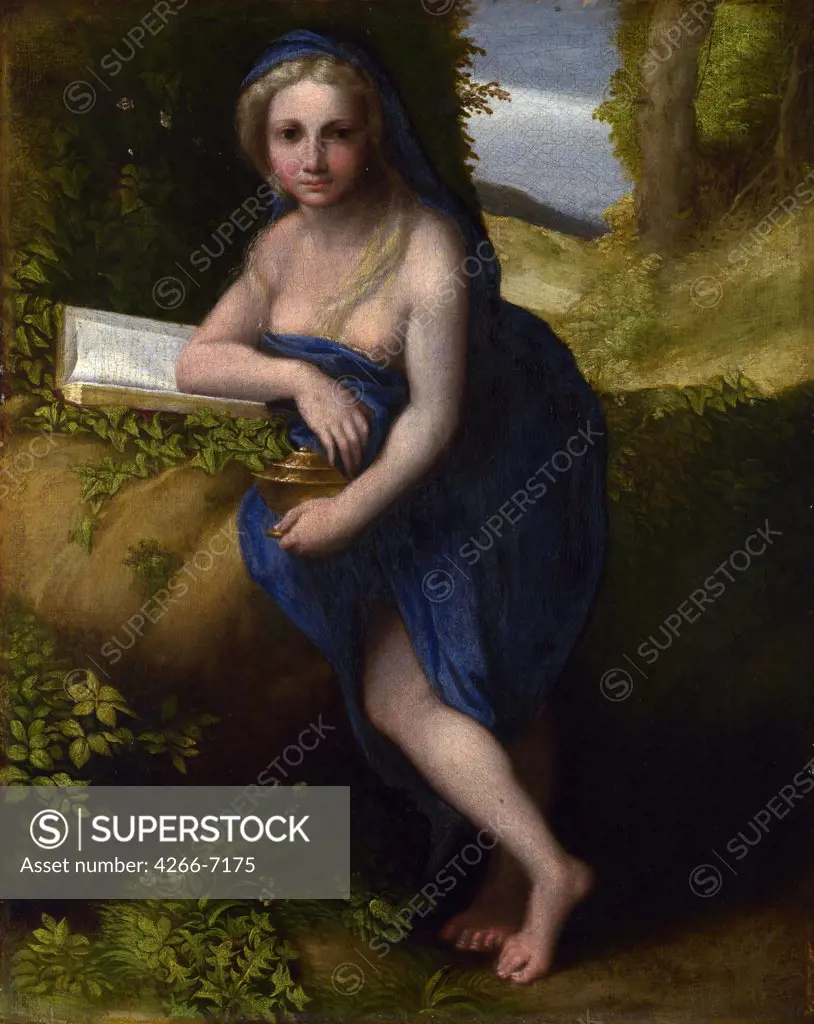 Illustration with Mary Magdalene by Correggio, Oil on canvas, circa 1519, 1489-1534, Great Britain, London, National Gallery, 38,1x30,5