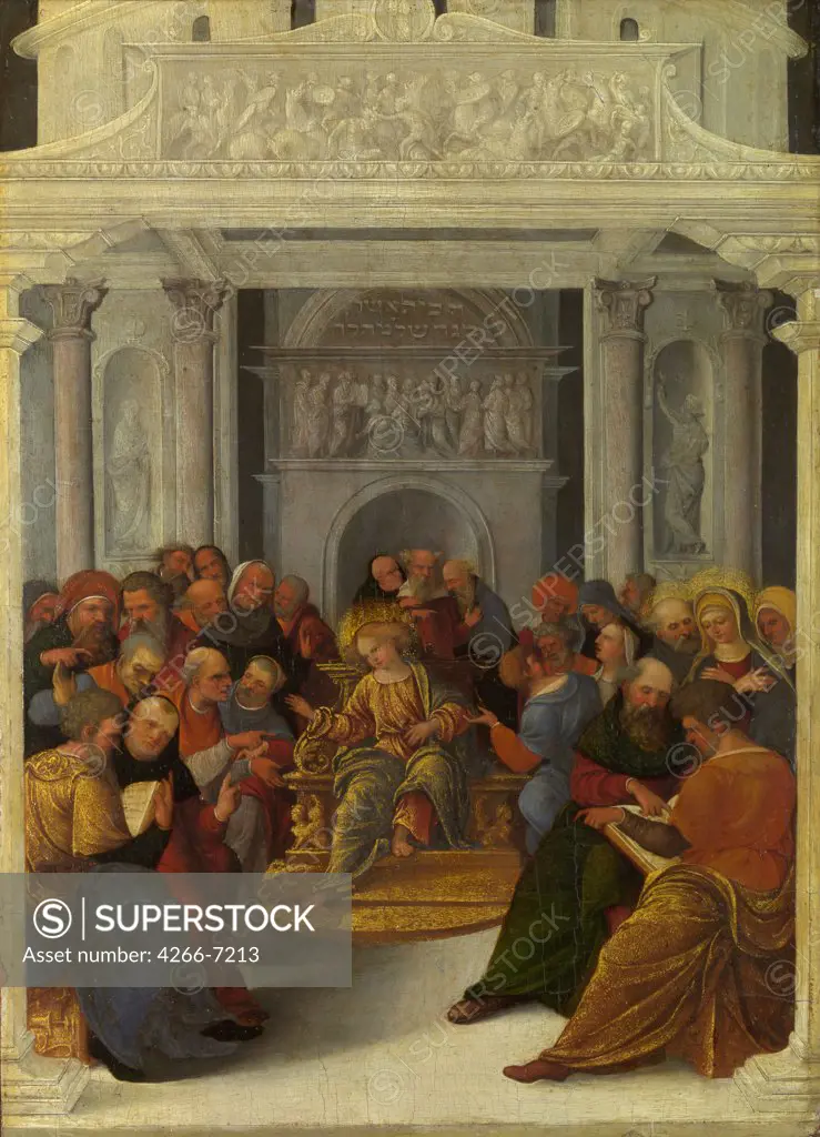 Jesus Christ teaching in temple by Ludovico Mazzolino, oil on wood, circa 1520, 1480-1528, School of Ferrara, England, London, National Gallery, 31,1x22,2