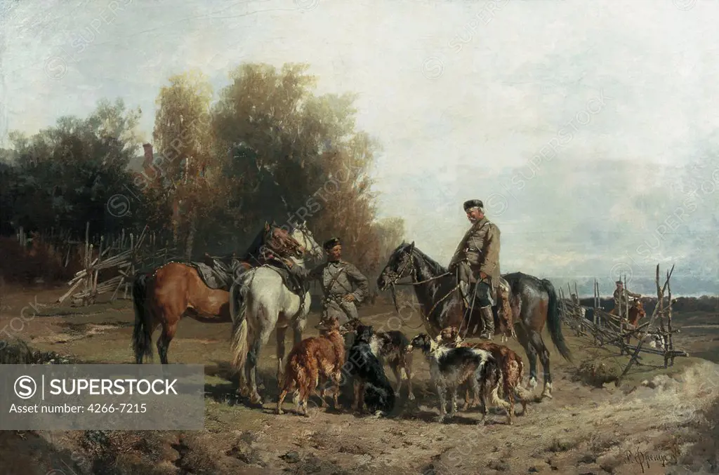 Hunting scene by Rudolf Ferdinandovich Frenz, oil on canvas, 1887, 1831-1918, Russia, Kazan, State Art Museum of Republic Tatarstan