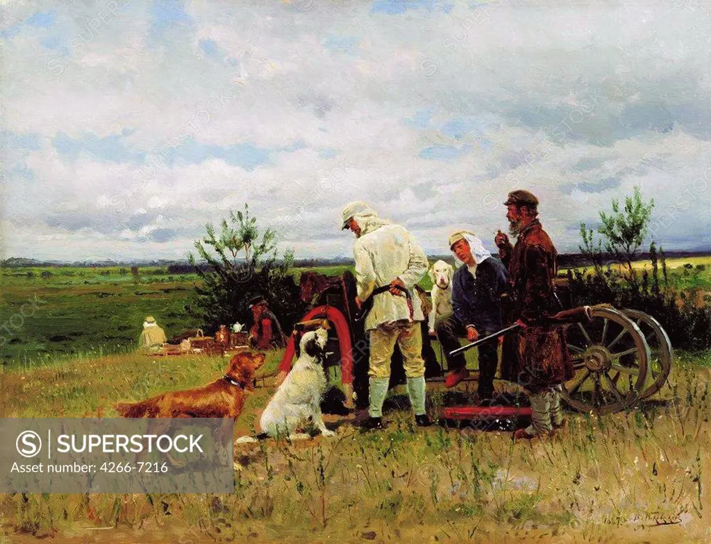 Hunters with dogs by Vladimir Yegorovich Makovsky, oil on canvas, 1887, 1846-1920, Russia, Serpukhov, State Museum of History and Art