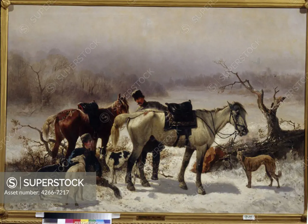 Hunter in winter landscape by Nikolai Yegorovich Sverchkov, oil on canvas, 1865, 1817-1898, Russia, Krasnoyarsk, State Surikov Art Museum