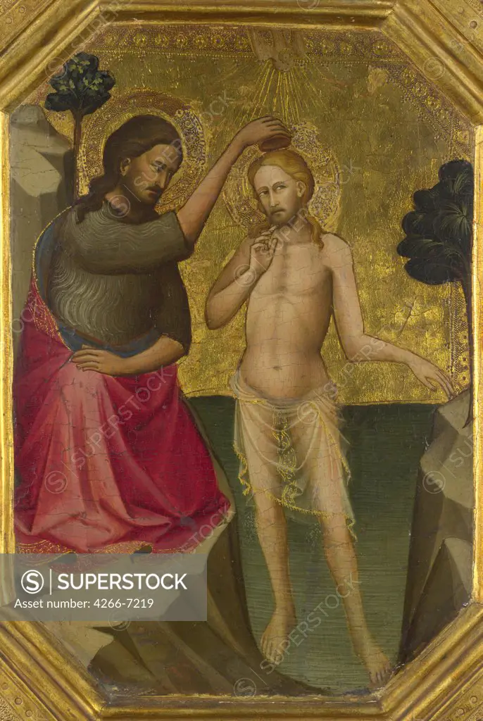 Baptism of Christ by Lorenzo Monaco, tempera on panel, 1387-1388, circa 1370-1425, Florentine School, England, London, National Gallery, 38,5x28,5