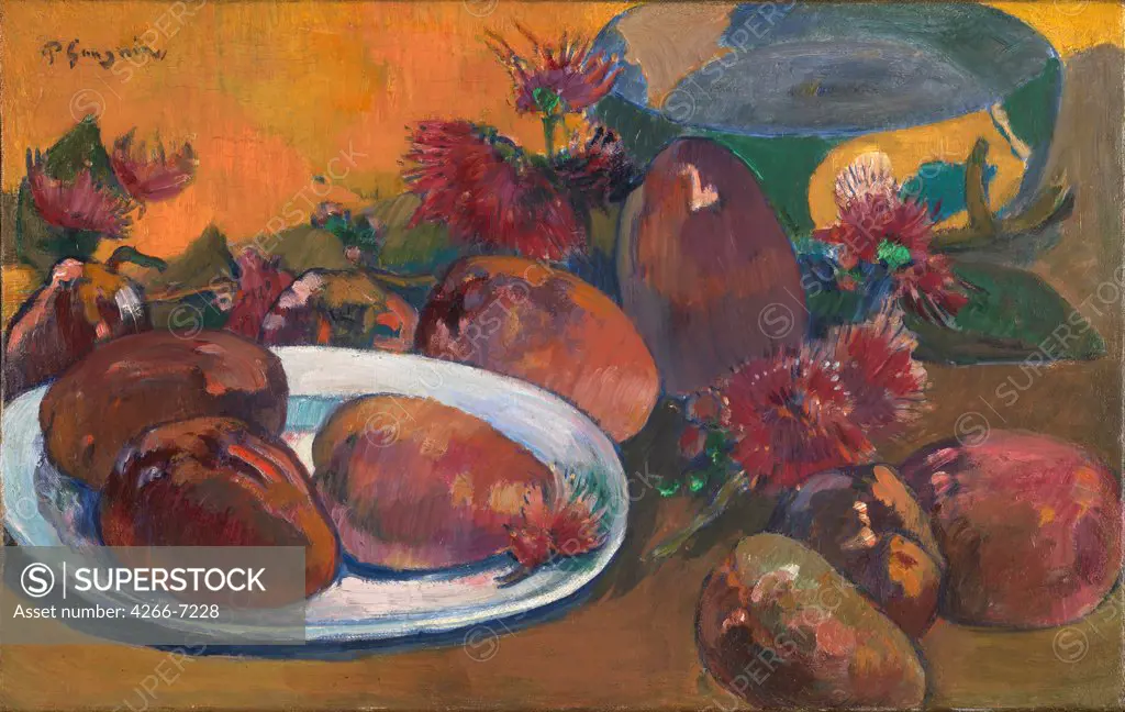 Still life with fruits on table by Paul Eugene Henri Gauguin, oil on canvas, circa 1891-1896, 1848-1903, England, London, National Gallery, 30,4x47,4