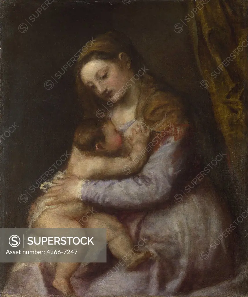 Virgin Mary breastfeeding baby Jesus by Titian, oil on canvas, circa 1570, 1488-1576, Venetian School, England, London, National Gallery, 76,2x63,5