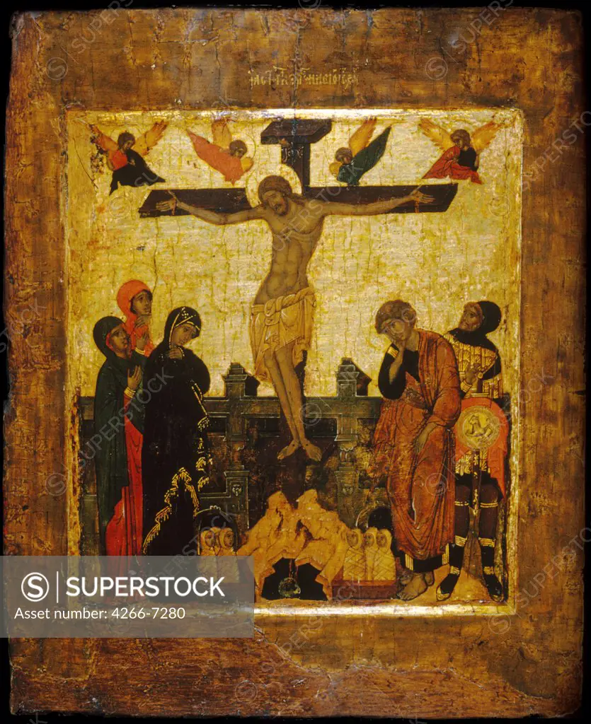 The crucifixion by Russian icon, Tempera on panel, 16th century, Usa, Baltimore, Walters Art Museum, 31,2x25,5