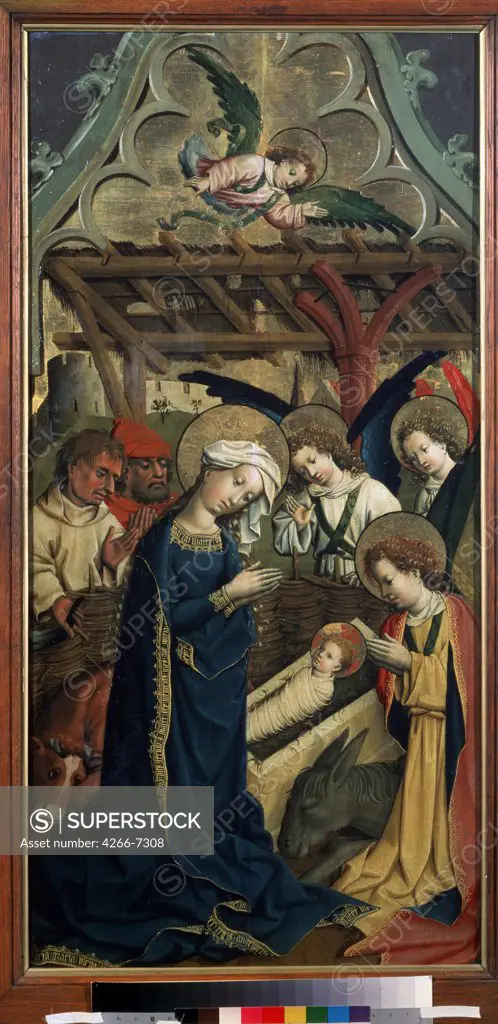 Adoration of Christ Child by Master of the Lichtenstein Castle, Oil on wood, circa 1440, 15th century, Russia, Moscow, State A. Pushkin Museum of Fine Arts, 101x50