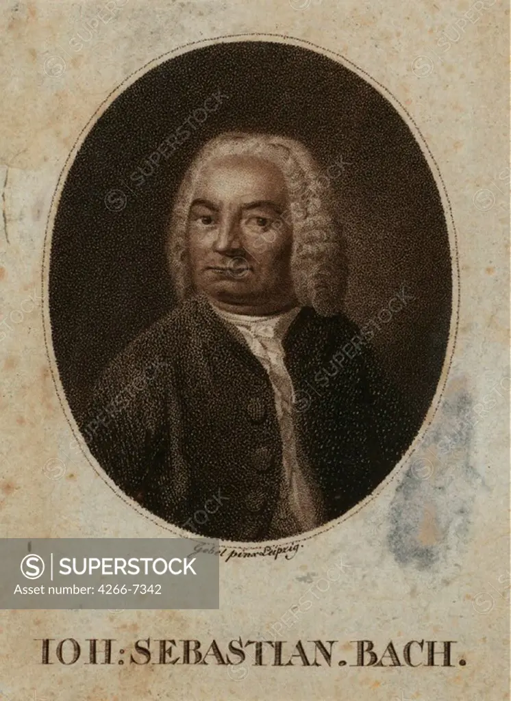 Portrait of Johann Sebastian Bach by Emanuel Traugott Goebel, Color lithograph, 1751-1813, Private Collection, 6x8