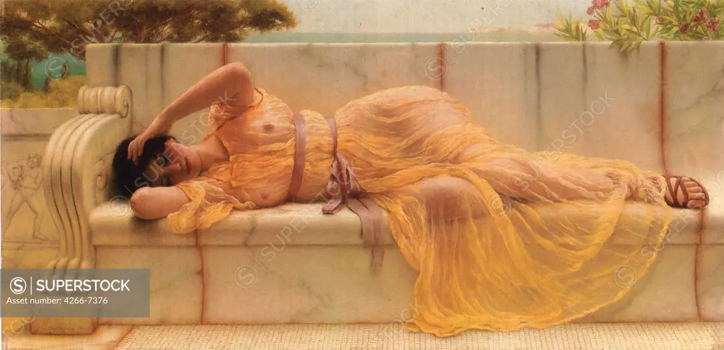 Woman laying on marble bench by Sir Lawrence Alma-Tadema, Oil on canvas, 1901, 1836-1912, Private Collection, 61x30,5