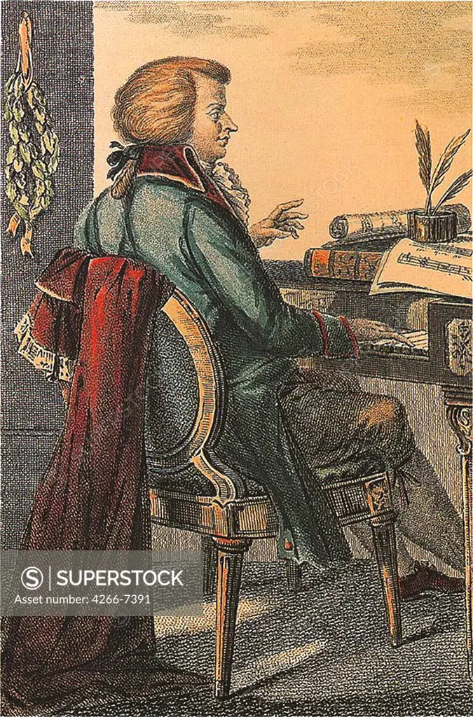 Mozart at work by Giovanni Antonio Sasso, Etching, watercolor, circa 1805-1810, active 1801-1816, Private Collection