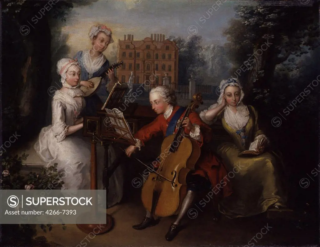 Concert in park by Philippe Mercier, Oil on canvas, 1733, 1689-1760, Great Britan, London, National Gallery, 45,1x57,8