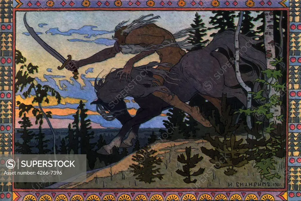 Bilibin, Ivan Yakovlevich (1876-1942) Museum of the Goznak, Moscow 1901 Colour lithograph Book design Russia Mythology, Allegory and Literature 