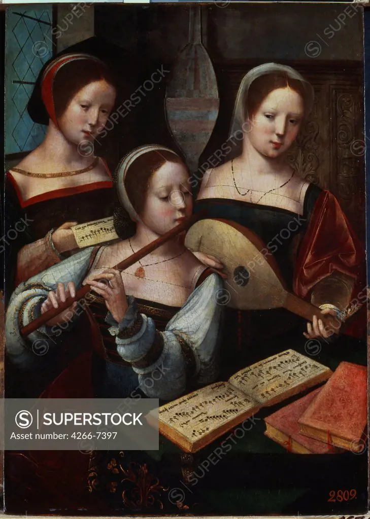 Young women playing music by Master of the Female Half-Lengths, Oil on wood, 1530s-1540s, 16th century, Russia, St. Petersburg, State Hermitage, 53x37,5