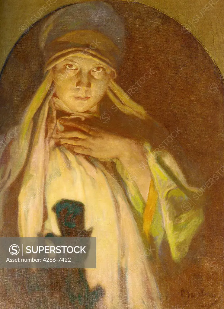 Portrait of woman in white veil by Alfons Marie Mucha, oil on canvas, 1860-1939, Private Collection, 65,4x49,6