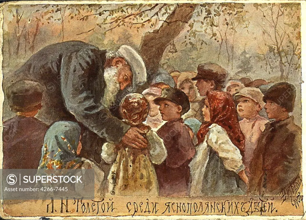 Leo Tolstoy with children by Elizaveta Merkuryevna Bem, colour lithograph, 1902, 1843-1914, Private Collection
