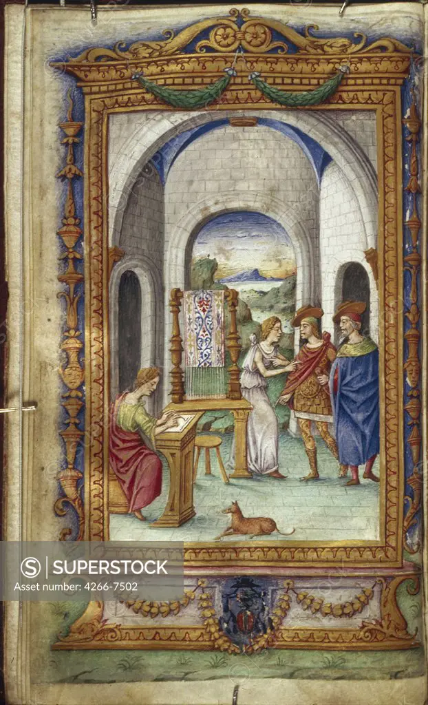 People indoors by Cristoforo Majorana, Watercolor on parchment, 1485-1499, active circa 1480-1494, Usa, California, The Huntington, 16,6x9,3