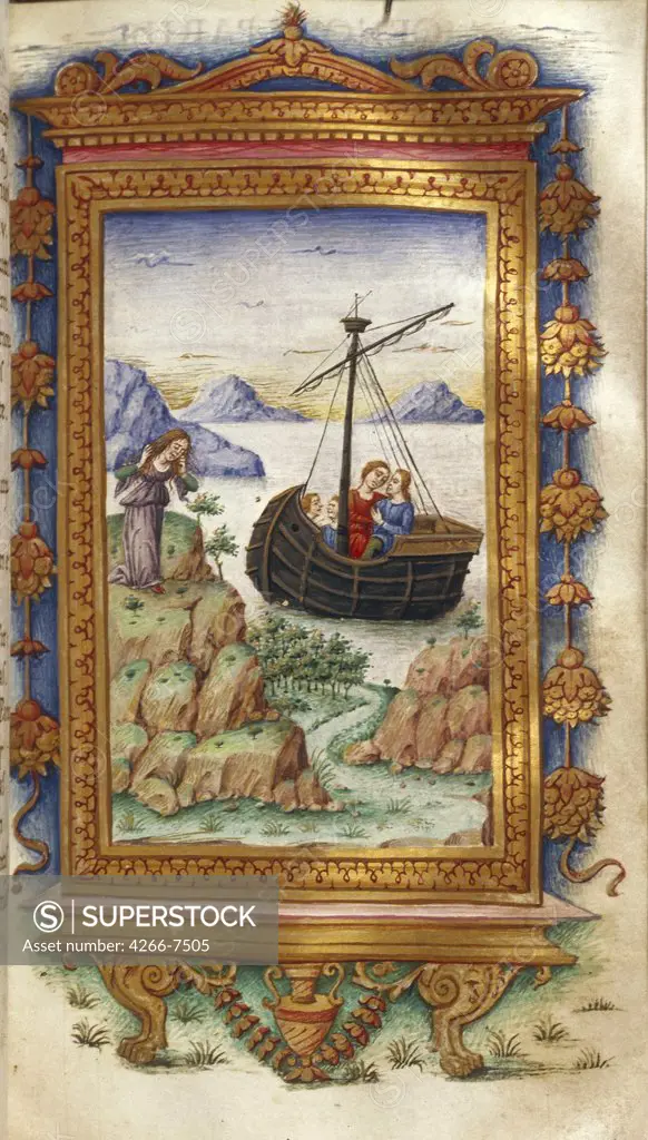 People in boat by ristoforo Majorana, Watercolor on parchment, 1485-1499, active circa 1480-1494, Usa, California, The Huntington, 16,6x9,3