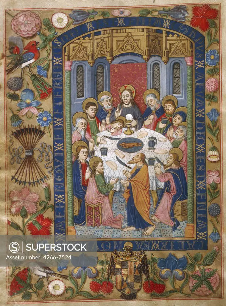 Last Supper by Anonymous artist, Watercolor on parchment, 1502, Usa, California, The Huntington, 24,5x18,3