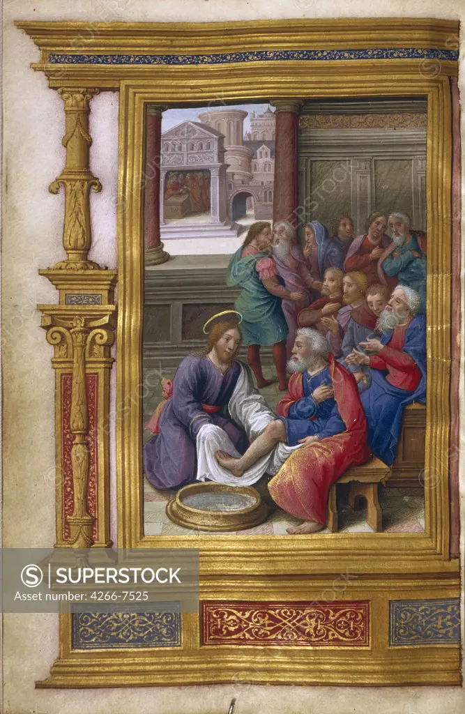 Jesus Christ washing feet of disciples by Master of Claude de France, watercolour on parchment, 1500-1550, active 1500-1550, USA, California, Huntington, 18,9x12,5