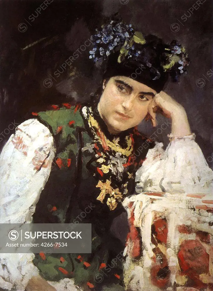 Portrait of woman in traditional outfit by Valentin Alexandrovich Serov, oil on canvas, 1889, 1865-1911, Russia, Kazan, State Art Museum of Republic Tatarstan, 71x57