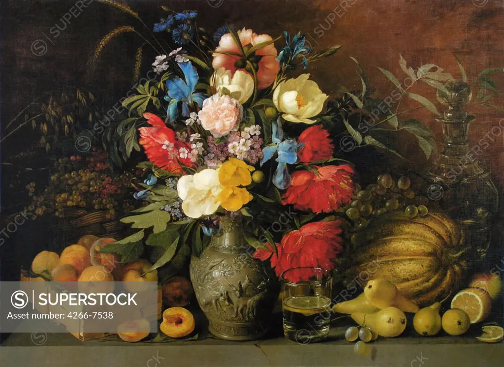 Still life with flowers and fruits by Ivan Phomich Khrutsky, oil on canvas, 1839, 1810-1885, Russia, Moscow, State Tretyakov Gallery