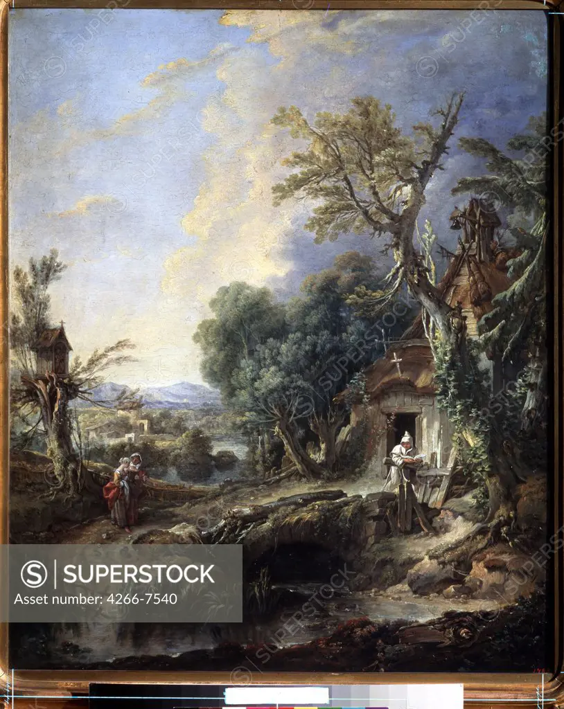 Landscape with hermit by Francois Boucher, oil on canvas, 1742, 1703-1770, Russia, Moscow, State Pushkin Museum of Fine Arts, 66,5x55,5