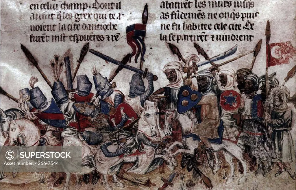 Siege of Antioch by unknown painter, watercolour on parchment, circa 1200, France, Paris, Bibliotheque Nationale de France