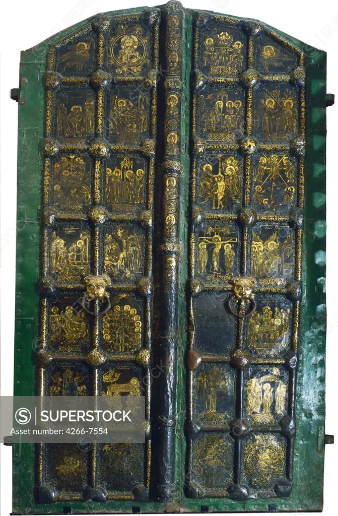 Golden gates of Cathedral of Nativity by unknown artist, copper, gilding, 13th century, Vladimir school, Russia, Vladimir, State Museum of Architecture, History and Art, 377x131x2