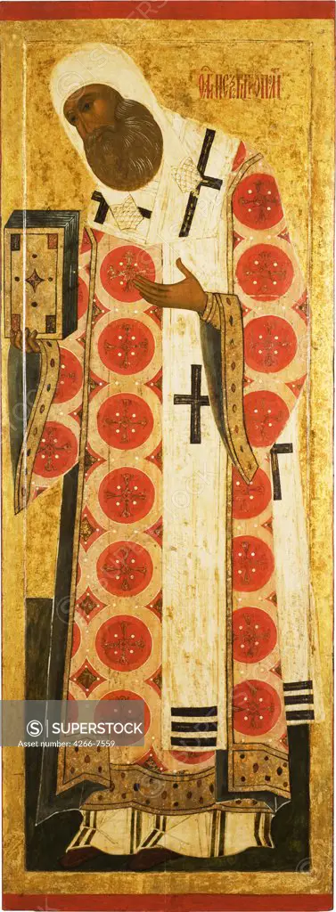 Metropolitan Peter by unknown painter, tempera on panel, 16th century, Novgorod School, Russia, Novgorod, State Open-air Museum of History and Architecture Novgorodian Kremlin, 147x54.2