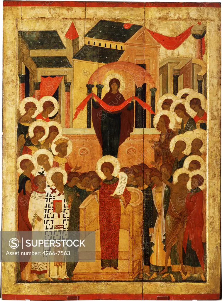 Virgin Mary surrounded by saints by unknown painter, tempera on panel, 15th century, Rostov-Suzdal School, Russia, Vladimir, State Museum of Architecture, History and Art, 144x106