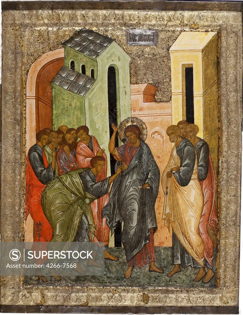 Incredulity of St Thomas by unknown painter, tempera on panel, 1497, Moscow School, Russia, Kirillov, Kirillo-Belozersky Monastery, Cathedral of Dormition, 84x64,2