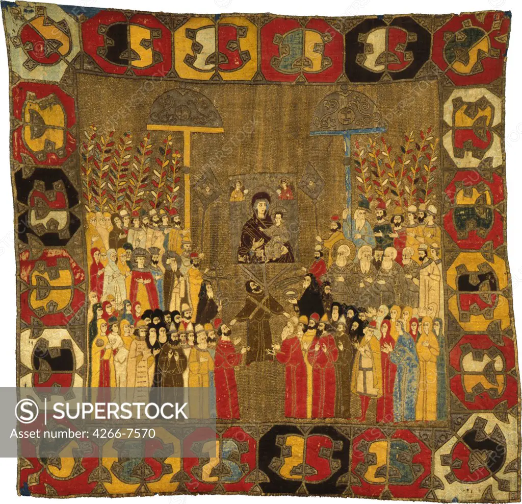 Tapestry depicting Easter celebration by unknown artist, wool, silk, gold and silver threads, 1498, Moscow School, Russia, Moscow, State History Museum, 95x98
