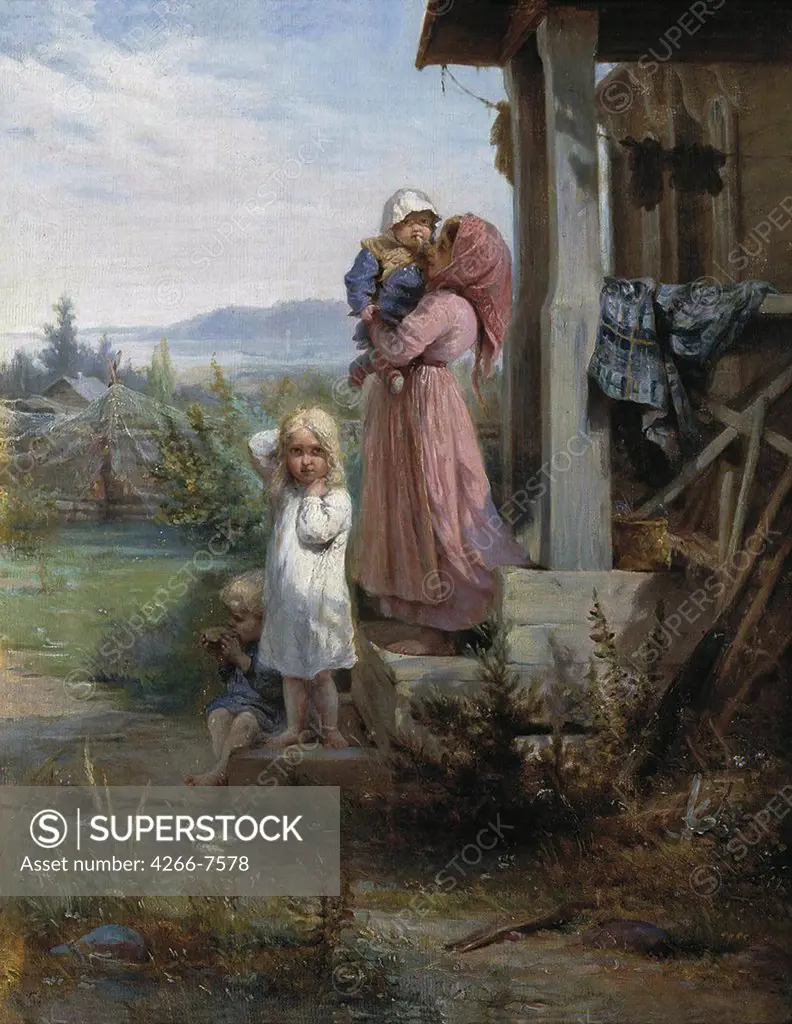Mother with children in front of house by Nikolai Andreyevich Koshelev, Oil on canvas, 1880s, 1840-1918, Russia, Nizhny Tagil, Regional Art Museum, 69x55