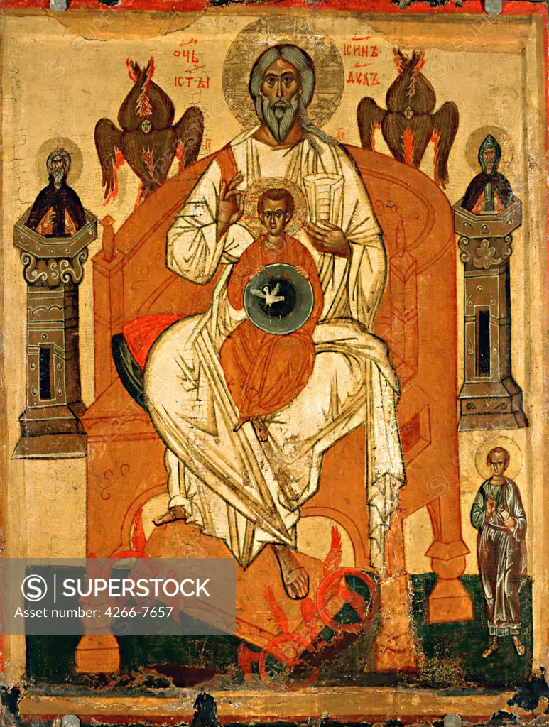 Russian icon with Holy Trinity by anonymous painter, Tempera on panel, 15th century, Russia, Moscow, State Tretyakov Gallery, 88x113