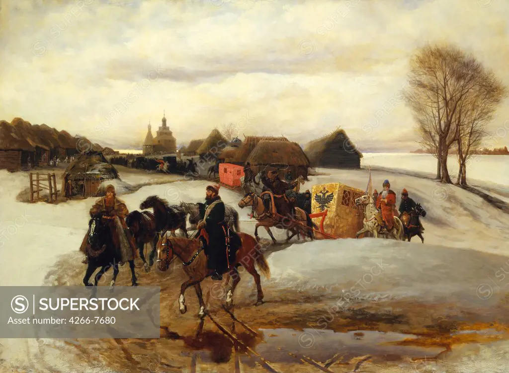 Journey of russian tsar Alexei Mikhailovich by Vyacheslav Grigoryevich Schwarz, Oil on canvas, 1868, 1838-1869, Russia, Moscow, State Tretyakov Gallery, 79,3x57