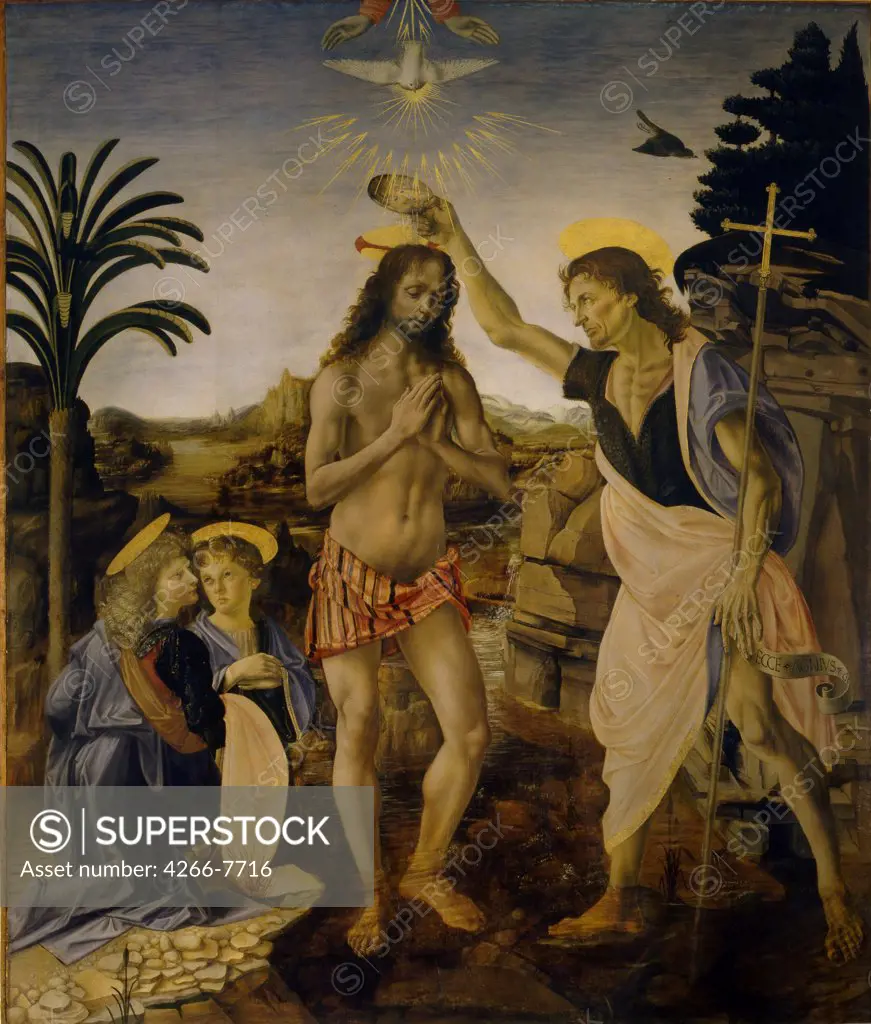 Baptist of Jesus Christ by Leonardo da Vinci, Tempera and oil on wood, circa 1470-1475, 1452-1519, Italy, Florence, Galleria degli Uffizi, 152x180