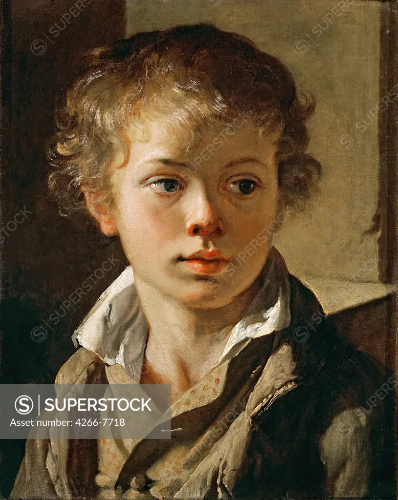 Portrait of boy by Vasili Andreyevich Tropinin, Oil on canvas, circa 1818, 1776-1857, Russia, Moscow, State Tretyakov Gallery, 32x40,4