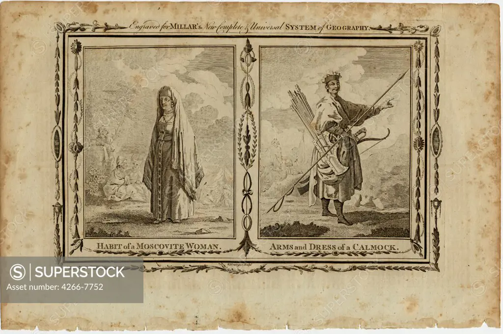 Portrait of russian people in traditional clothing by William Grainger, Etching, circa 1730, active 1784-1793, Private Collection, 36,8x24,1