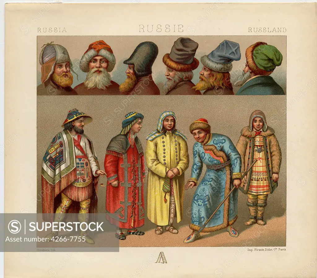 Illustration with men in traditional russian clothing by Daniel Urrabieta Vierge, Color lithograph, 1880, 1851-1904, Private Collection